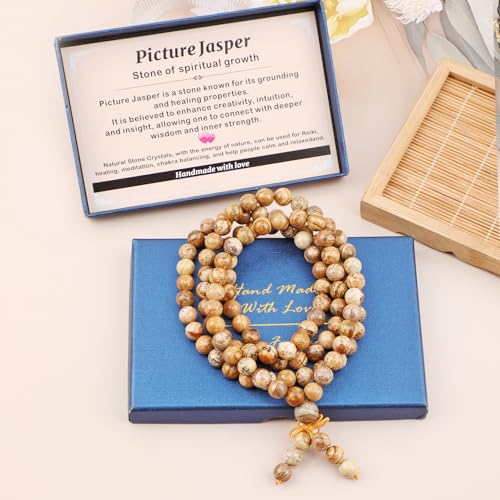 AD Beads 6mm 8mm 108 Prayer Mala Jasper Elastic Bracelet - Handmade Yoga Meditation Healing Power Energy Gifts for Unisex Adult. - color: Picture Jasper(Spiritual)