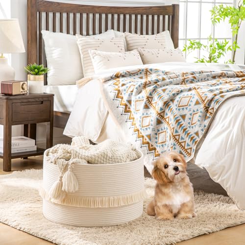 KAKAMAY Large Blanket Basket (20"x13"),Woven Baskets for storage Baby Laundry Hamper, Cotton Rope Blanket Basket for Living Room, Laundry, Nursery, Pillows, Baby Toy chest (White) - color: White