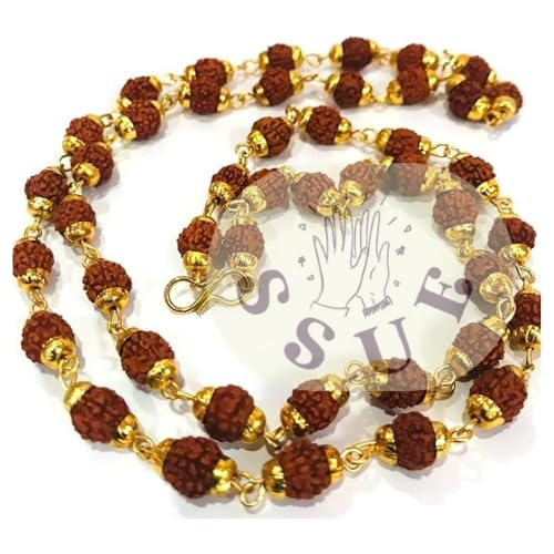 SSUE Nature 5 Mukhi Rudraksha 6mm 45 Beads Mala with Golden Cup Fancy Holy Jewellery Symbol of Spirituality Religion Reiki for Peace, Balance,Meditation Every Wear Unisex Accessory Gift