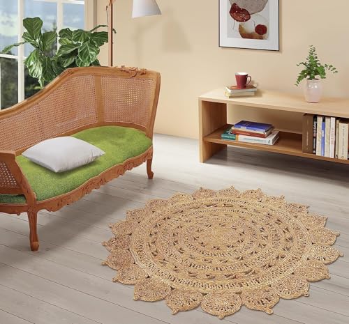 Handwoven Jute Area Rug-6 feet Round-Natural Fiber Boho Soft Braided Rustic Vintage Beige Reversible EcoFriendly Rugs Farmhouse Indoor EcoFriendly Kitchen Bedroom Living Room Hallways (6'Round) - color: Natural- 04, size: 6' (Round)