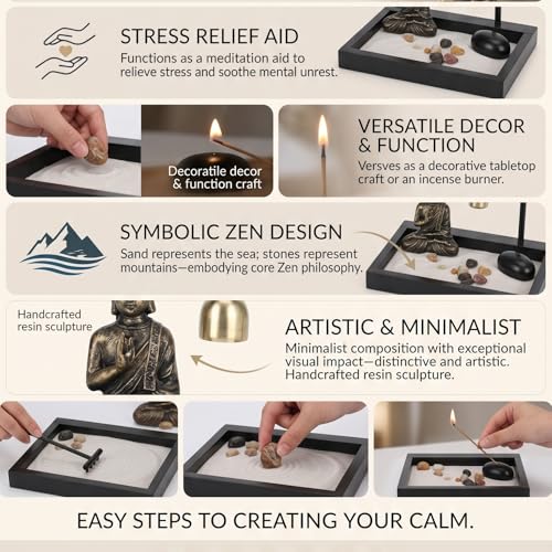 HEEPDD Desktop Zen Garden Kit with Buddha Statue, Incense Holder, Mallet, Rocks for Meditation, Yoga, Office Decor