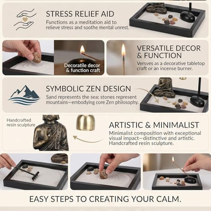 HEEPDD Desktop Zen Garden Kit with Buddha Statue, Incense Holder, Mallet, Rocks for Meditation, Yoga, Office Decor