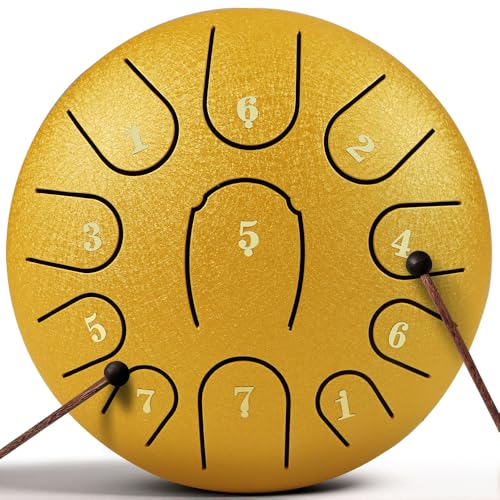 Rain Drum for Outside Garden,Steel Tongue Drum 6 Inche 11 Note Steel Drums Rain Chime,with Soft Bag,Music Book (Yellow, 6 Inch 11 Note) - color: Yellow, size: 6 Inch 11 Note