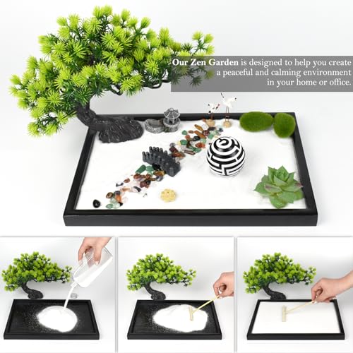 Artcome Japanese Zen Sand Garden for Desk - Home, Office Desk Accessories - Crafted Meditation Therapy Rectangle Tray - Mindful Relaxation Tool for Stress Relief - color: Black Ball