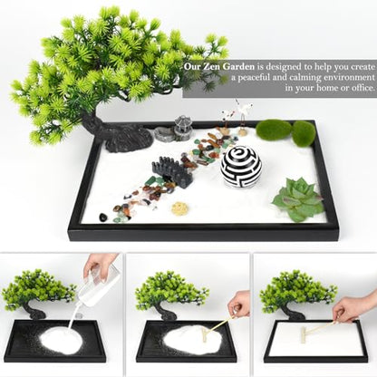 Artcome Japanese Zen Sand Garden for Desk - Home, Office Desk Accessories - Crafted Meditation Therapy Rectangle Tray - Mindful Relaxation Tool for Stress Relief - color: Black Ball
