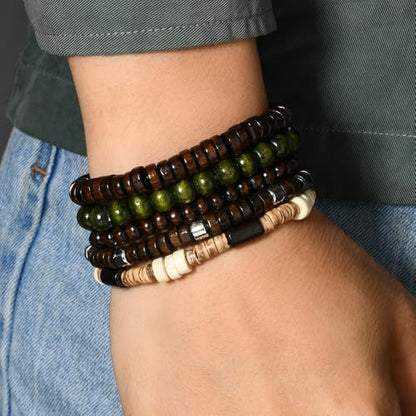 5pcs Wooden Bead Bracelet Set with Charm and Tassel for Men & Women - Stackable Boho Bracelets, Amber Color Scheme Adjustable Bracelet - color: Brown Green