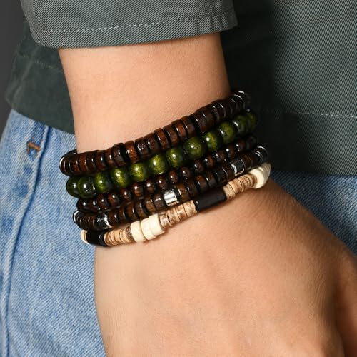 5pcs Wooden Bead Bracelet Set with Charm and Tassel for Men & Women - Stackable Boho Bracelets, Amber Color Scheme Adjustable Bracelet - color: Brown Green