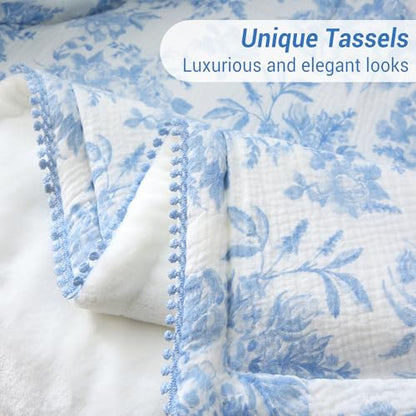 Viviland Cotton Muslin Blanket, Queen Size 90 x 90 Inches, Blue Nerrah | Reversible Fleece, Lightweight, Breathable Gauze - color: Blue Nerrah, size: Queen Size (90 X 90 Inches)