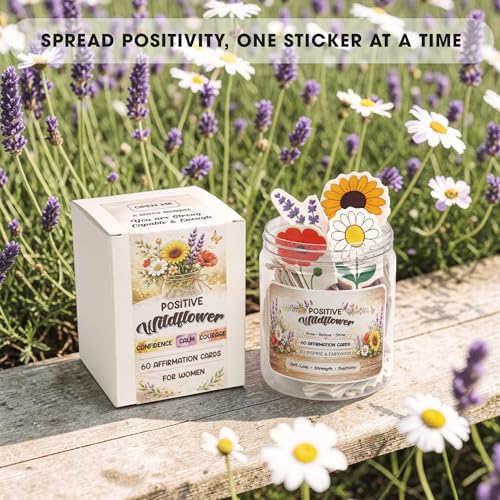 Positive Affirmations Cards for Women, Positive Wildflower Jar with 60 Daily Cards – Sunflower Daisy Lavender Poppy, Encouragement Gift for Mom Sister Friend, Birthday Stress Relief Desk Decor Gifts