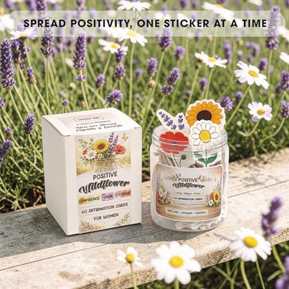 Positive Affirmations Cards for Women, Positive Wildflower Jar with 60 Daily Cards – Sunflower Daisy Lavender Poppy, Encouragement Gift for Mom Sister Friend, Birthday Stress Relief Desk Decor Gifts