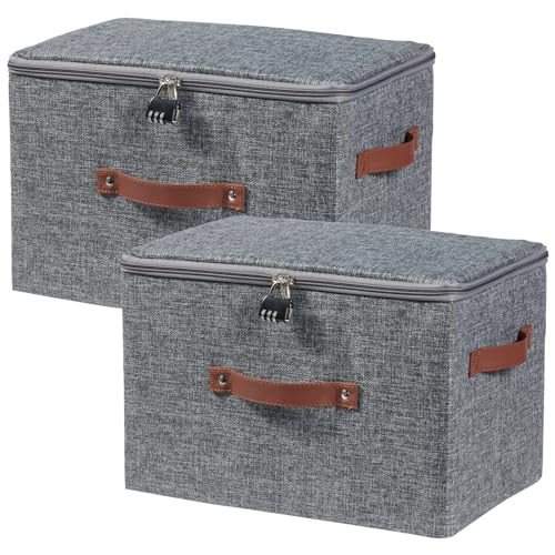 2PCS Storage Bins Boxes with Zipper Lid Combination Lock PU Leather Handles Cotton Linen Fabric Lidded Lockable Baskets Foldable Washable Closet Shelf Organizer Container (Gray, Large) - color: Gray, size: Large ( Set of 2 )