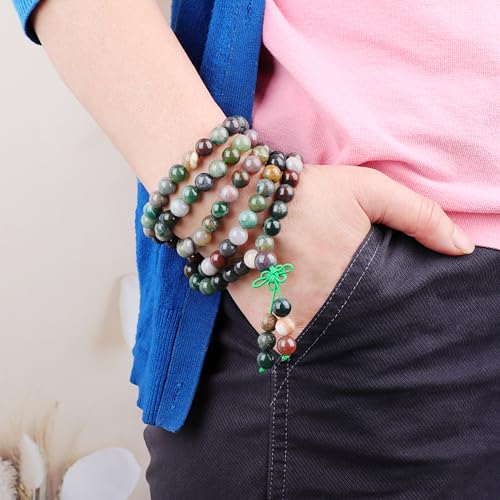AD Beads 6mm 8mm 108 Prayer Mala Jasper Elastic Bracelet - Handmade Yoga Meditation Healing Power Energy Gifts for Unisex Adult. - color: India Agate(Peaceful)