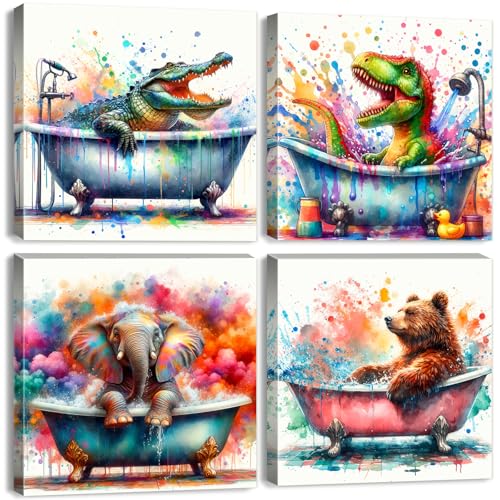 Graffiti Animals Wall Art Kids Bathroom Wall Decor Funny Dinosaur Bear Elephant Bathing Pictures Canvas Prints Nursery Toddler Poster Watercolor Crocodile Painting Artwork Bedroom Decoration 12x12" 4P - color: Wildlife, size: 12"L x 12"W