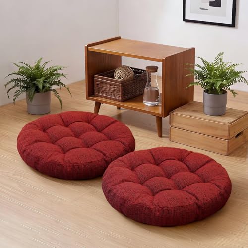 Set of 2 Burgundy Floor Cushion for Adult Tufted Round Seat Cushions for Tatami Living Room 18.8 x 18.8 Inch Meditation Floor Pillows - color: Burgundy