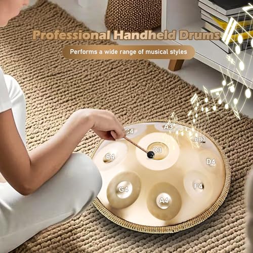 Handpan 22 Inches Drum Set, 440Hz 10 Notes Hand Drum Instrument, Premium Steel Hand Drum, Includes Carrying Case, Drumsticks, Spiral Wraps, Instruction Guide - size: 22 Inches - 10 Notes - Steel