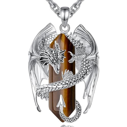 INFUSEU Unique Dragon Necklaces with Healing Crystal Stone for Men Women, Personalized Spiritual Gifts, 24 Inch Chain - color: Tigers Eye