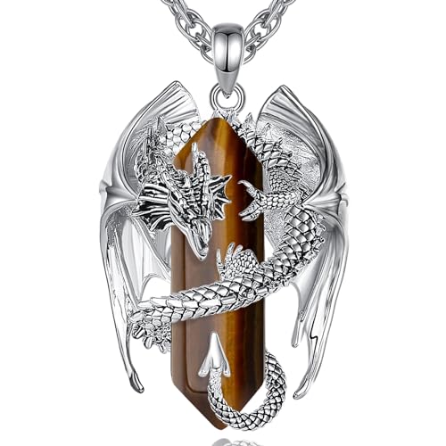 INFUSEU Unique Dragon Necklaces with Healing Crystal Stone for Men Women, Personalized Spiritual Gifts, 24 Inch Chain - color: Tigers Eye