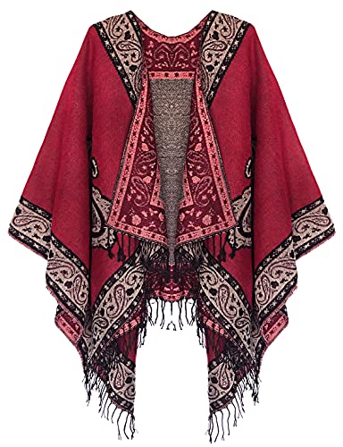 Urban CoCo Women's Retro Style Vintage Pattern Tassel Poncho Shawl Cape Wraps For Women - color: Series 2-wine Red