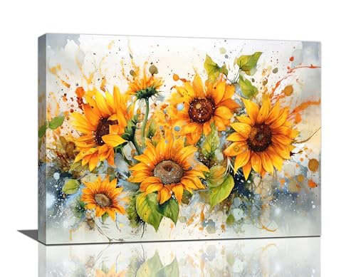yerretin Sunflower Wall Art Watercolor Pictures Wall Decor Rustic Sunflower Canvas Farmhouse Print Artwork Home Decorations for Living Room Bedroom Bathroom Office Framed 16"x12" - color: Sunflower, size: 16"L x 12"W
