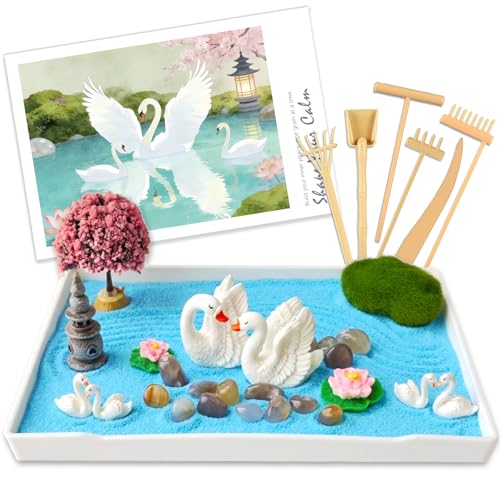 Zen Garden for Desk, Swan Lake Decor, Sand Tray Therapy Kit for Office - Mini Japanese Décor Sand Garden, Meditation Anxiety Relief, Office Desk Decor & Relaxation Gift (Blue) - color: Blue