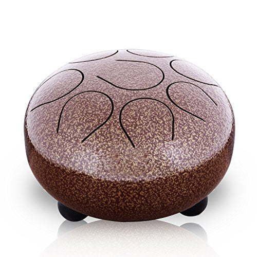 Pyle Steel Handpan Mini Tongue Drum - 8 Inch Hanging Intuitive Musical Instrument for Hand Percussion Beat - Meditating & Calming Music Includes Mallet Stick Rubber Ball on The Head & Bag Set - color: Light brown