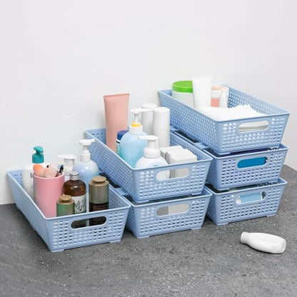 Tiawudi Stackable Woven Plastic Basket, Storage Bins for Cabinet, Closet, Shelf, Under Sink and Countertop, Pantry Organizer Bins, 6 Pack - color: Light Blue