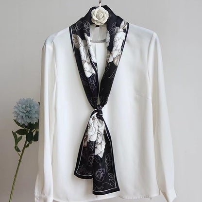 100% Silk Scarf for Women 59”*6.3” Long Shawls for Headscarf and Neck- Oblong Hair Wraps with Gift Packed - color: Black&white Camellia Flowers