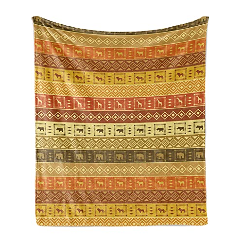 Lunarable Safari Soft Flannel Fleece Throw Blanket, Safari Square Diamond Pattern on Striped Background Native Tribal Borders Artwork, Cozy Plush for Indoor and Outdoor Use, 50" x 60", Yellow Orange - color: Yellow Orange, size: 50" x 60"