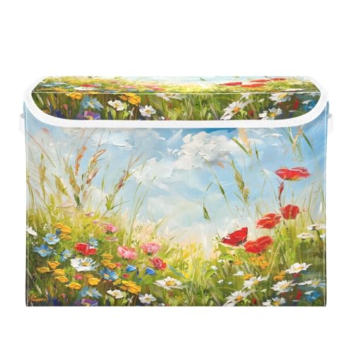 senya Large Storage Bins with Linen Oil Painting Flower Collapsible Foldable Storage Cubes Fabric Closet Organizer Containers Box with Flip-Top Lid for Home Bedroom Office 16.7 x 12.6 x 11.8in - color: Oil Painting Flower
