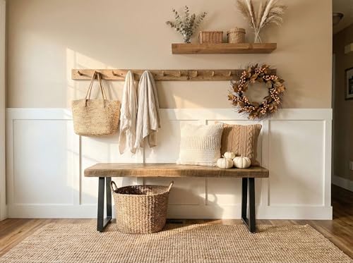 Rustic Revival Reclaimed Barnwood Bench, Solid Wood with Metal Base, Modern Farmhouse Style, 2-Inch Thick Top, for Entryway, Bedroom, Living Room (30x12) - size: 30x12