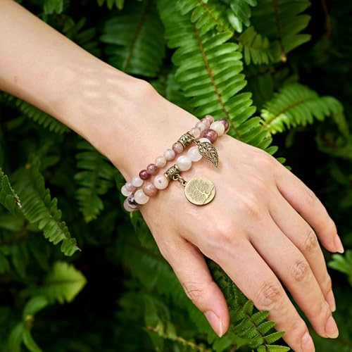 Bivei Natural Semi Precious Gemstone beads bracelet for women - Life Tree and Leaf Charm Energy Reiki Crystal Stretch Bracelets - color: Violet Stone Bracelet Set, size: Medium:6.8-7.24inch