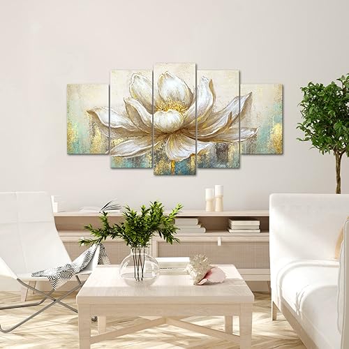 KREATIVE ARTS Large 5 Pieces Lotus Flower Blooming Wall Art Canvas Print Painting Modern Peaceful Still Life Artwork Zen Golden Floral Artwork for Meditation Room Decoration 60x32 Inches