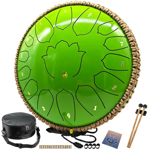 BETESINE 13-Inch 15-Note Steel Tongue Drum in C Major, Beginner-Friendly Meditation Drum with Mallets, Music Book, Finger Picks, Carry Bag & Note Stickers, Apple Green - color: Apple Green