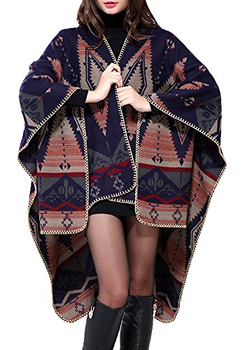 Urban CoCo Women's Color Block Shawl Wrap Open Front Poncho Cape - color: Navy Blue