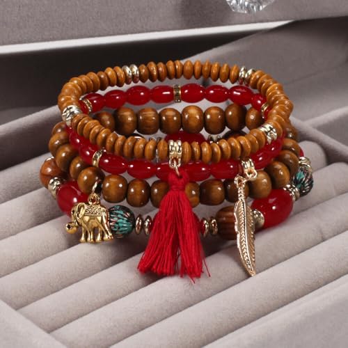 Caiyao 4Pcs Bohemia Multilayer Stackable Elephant Leaf Tassel Bracelets Colorful Wooden Resin Beaded Stretch Bracelets for Women Men Summer Beach Boho Vacation Hawaii Jewelry Gifts - style: StyleF