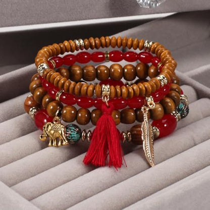Caiyao 4Pcs Bohemia Multilayer Stackable Elephant Leaf Tassel Bracelets Colorful Wooden Resin Beaded Stretch Bracelets for Women Men Summer Beach Boho Vacation Hawaii Jewelry Gifts - style: StyleF