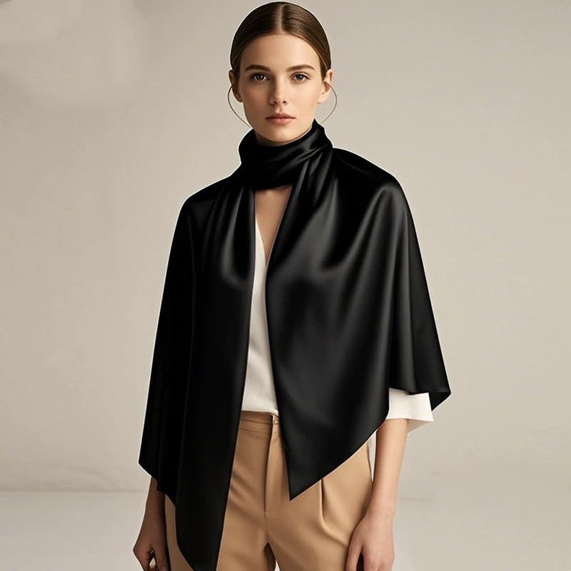 100% Mulberry Silk Long Scarf for Women Large Shawls for Headscarf and Neck- Oblong Hair Wraps with Gift Packed - color: Solid Color-black