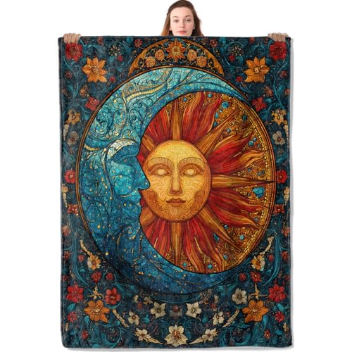Artistic Sun Moon Design Flannel Blanket Boho Astronomical and Floral Lightweight Throw Blankets for Sofa Picnic Travel and Gathering Decorate All Season Use Astrology Lovers Gifts 50x60in - color: Sun Moon, size: 50x60 Inch