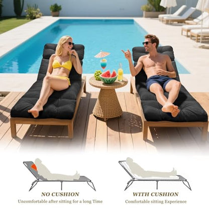 Outdoor Chaise Lounge Chair Cushion 75.1 x 23.6 x 4.7in, Waterproof Replacement Cotton Patio Thickened Pool Lounge Chair Cushion with Ties for Patio Outdoor Furniture,Black - color: Black