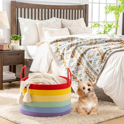 KAKAMAY Large Blanket Basket (20"x13"),Woven Baskets for storage Baby Laundry Hamper, Cotton Rope Blanket Basket for Living Room, Laundry, Nursery, Pillows, Baby Toy chest (Rainbow) - color: Rainbow