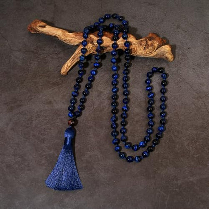 8mm Natural Stone 108 Mala Beads Necklace for Men and Women - color: Lapis Lazuli Blue Tiger Eye