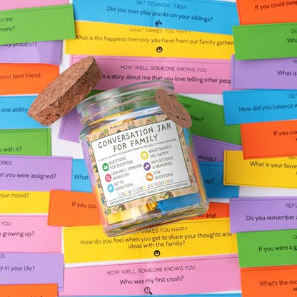 Family Conversation Cards in Jar, 150 Fun & Deep Conversation Starter Cards for Kids, Teens, Adults -Disconnect from Screens & Bond with Loved Ones- Question Games,Road Trip, Dinner Table Topics - style: Conversation Jar for Family