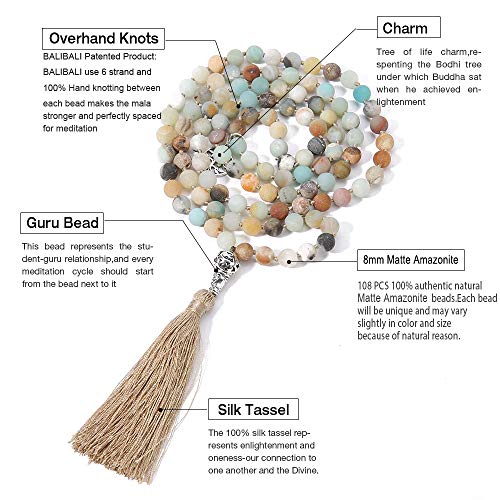 108 Mala Beads Necklace Semi-Precious Gem Stones Meditation Necklace 108 Hand Knotted Japa Mala Beaded Tassel Necklace with Tree of Life Pendant - color: Natural Amazonite