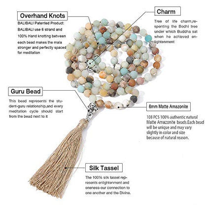 108 Mala Beads Necklace Semi-Precious Gem Stones Meditation Necklace 108 Hand Knotted Japa Mala Beaded Tassel Necklace with Tree of Life Pendant - color: Natural Amazonite