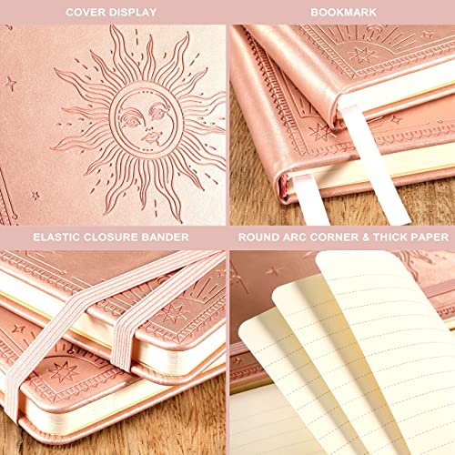 Artfan Ruled Notebook/Journal – Premium Thick Paper Faux Leather Classic Writing Notebook with Pocket + Page Dividers Gifts, Banded, Large, 144 Pages, Hard Cover, Lined (5.8 x 8.4) - The Sun - color: Rose Gold