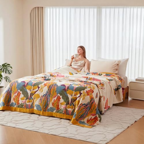 Boho Throw Blanket - 100% Cotton Soft Throw Blanket for Bed, 90"x90" Reversible Breathable Lightweight Summer Blankets, All Seasons Farmhouse Decor Floral Plant Butterfly Throw Quilt