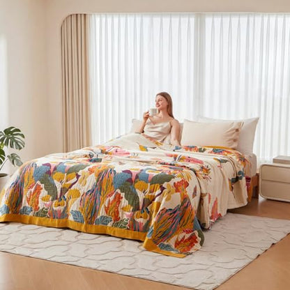 Boho Throw Blanket - 100% Cotton Soft Throw Blanket for Bed, 90"x90" Reversible Breathable Lightweight Summer Blankets, All Seasons Farmhouse Decor Floral Plant Butterfly Throw Quilt