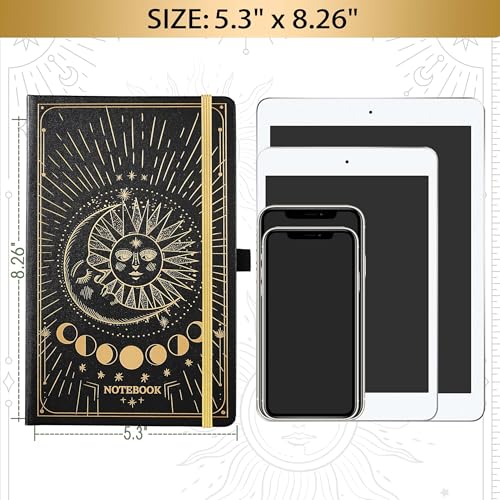 Artfan Ruled Notebook/Journal – Premium Thick Paper Classic Writing Notebook with Pocket + Page Dividers Gifts, Banded, Large, 128 Pages, Hard Cover, Lined (5.3" x 8.26") - Sun and Moon - color: BLACK17