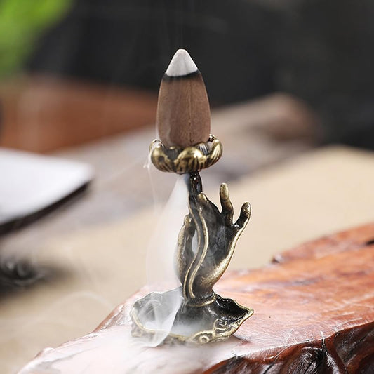Backflow Incense Buddha Hand Ornament, Brass Incense Holder for Zen Tea Table and Coffee Table, Small Desktop Decoration