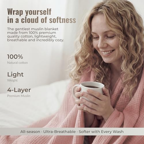 4-Layer Muslin Cotton Queen Bed Blanket (90 x 90 inches) – Ultra Soft Breathable Gauze, Lightweight All-Season Cozy Blanket, Machine Washable – Pink - color: Pink, size: Queen (90 x 90 inches)